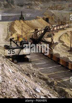 Loading rail wagons. Kennecott Bingham Canyon copper and gold mine, the biggest hole in the world. Salt Lake City, Utah, USA. Stock Photo