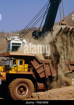 Loading rigid dumper truck at Mt Tom Price Rio Tinto iron ore mine, Australia. Stock Photo