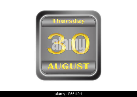 On a embossed metal plate, the gold date stamping is August 30, Thursday Stock Photo