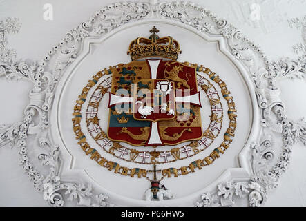 COPENHAGEN, DENMARK - MAY 17, 2018 Danish national coat of arms encased in the vaulted stucco ceiling of the Great Hall at Rosenborg castle in Copenha Stock Photo