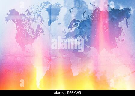 World map in blue with fire and flames effect. Elements of this image furnished by NASA. Stock Photo