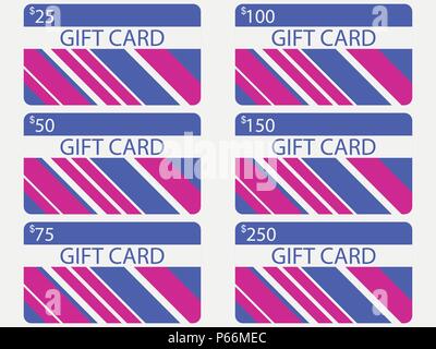 Gift card modern design with stripes. Blue and pink colors. The cards cost in 25, 50, 75 100, 150, 250. Vector illustration Stock Vector