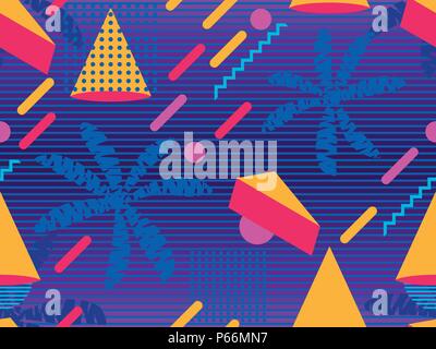 Summer futurism seamless pattern. Geometric elements memphis in the style of 80s. Retro background with palm trees. Retrowave. Vector illustration Stock Vector
