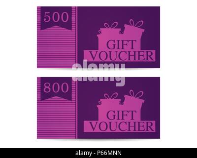 Gift voucher with gift boxes in the amount of 500 and 800. Purple. Vector illustration Stock Vector