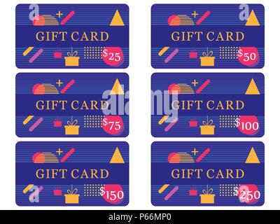 Gift card memphis style with geometric shapes, retro futurism 80s. Set of vector illustration Stock Vector
