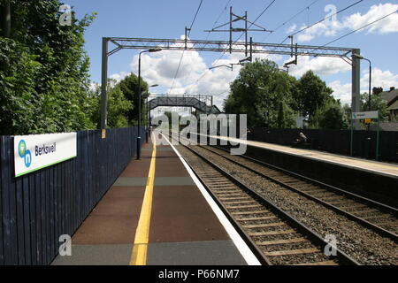 General platform view of Berkswell station, Warwickshire showing overhead electric catenary. 2007 Stock Photo