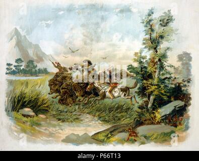 Buffalo hunt in the wild west Published 1897. A buffalo hunter shooting a buffalo as two Natives ride alongside with spears. Stock Photo