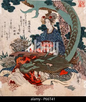 Ryu ko niban : Tiger and dragon no. 2 by Gogaku Yajima, active 19th century, Japanese artist. Printed between 1818 and 1830. Print shows a woman playing a koto with a dragon curled around her. Stock Photo