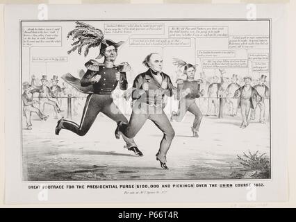 The great footrace for the presidential purse (100,000 and picking) over the Union Course 1852. Satire on the presidential election of 1852, showing Winfield Scott, Daniel Webster, and Franklin Pierce competing in a footrace before a crowd of onlookers for a $100,000 prize (the four-year salary for a president) and 'pickings.' In the lead is Webster, who exclaims, 'I can beat you both, and 'walk in' at that although you had a hundred yards the start of me!!' Stock Photo