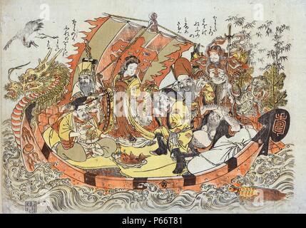 Shichifukujin takarabune (Seven gods of good fortune in the treasure boat). by Shigemasa Kitao, 1739-1820, Japanese artist. dated between 1772 and 1781. the seven Japanese gods of good fortune (Ebisu, Daikokuten, Bishamonten, Benzaiten, Fukurokuju, Hotei, and Jurojin) in a dragon-headed treasure boat, accompanied by a heron and a turtle. Stock Photo