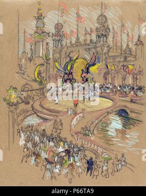 Coney Island by Joseph Pennell, 1857-1926, artist dated between ca. 1904 and 1908. New York City. View from above of crowd jammed around circular platform built over water containing ringmaster and performers, colourful flying creatures above, exotic towers, flags in background. Stock Photo