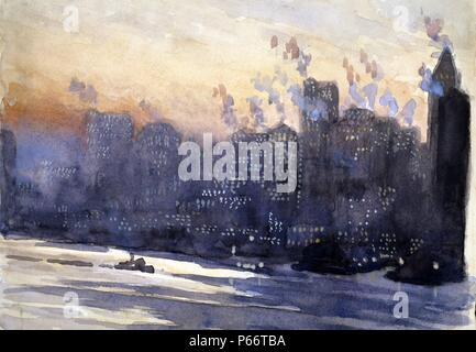 New York City harbour and skyline at night, by Joseph Pennell, 1857-1926, artist painted between ca. 1921 and 1926. drawing on cream paper, in watercolour, gouache. New York City. Diagonal view across East River to tall buildings of Manhattan, red glow of sunset above, dots of light in many of the windows.
