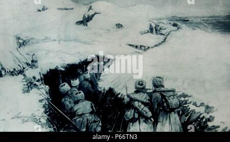 world war one Russian troops advance through a snow covered trench in Galicia. The Battle of Galicia was a major battle between Russia and Austria-Hungary during the early stages of World War I in 1914. In the course of the battle, the Austro-Hungarian armies were severely defeated and forced out of Galicia, while the Russians captured Lemberg and, for approximately nine months, ruled Eastern Galicia. Stock Photo