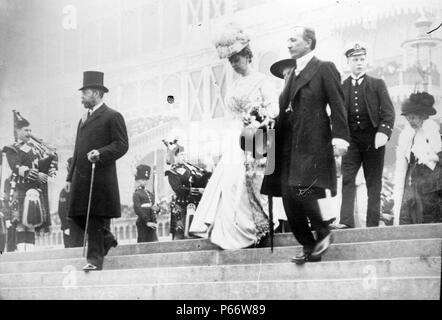 King George V of the United Kingdom, Queen Mary and the Prince of Wales (George VI) at the opening of the Festival of Empire at the Crystal Palace, London, May 12, 1911 Stock Photo