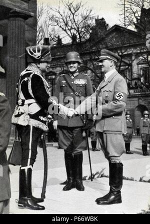 Anton Ludwig August von Mackensen (1849 – 1945), German soldier and field marshal ,with Chancellor Adolf Hitler of Germany 1935 Stock Photo