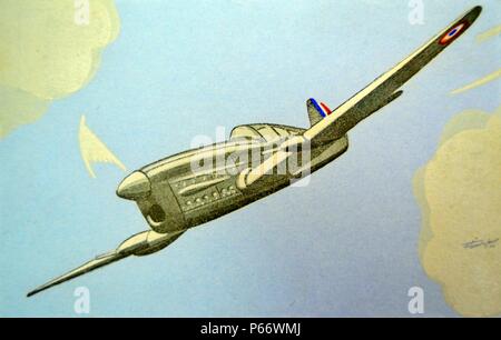 World War Two: French postcard depicting a French caudron 714 aircraft. The C.710 were a series of light fighter aircraft developed by Caudron-Renault for the French ArmÃ©e de l'Air just prior to the start of World War II. One version, the C.714, saw limited production, and were assigned to Polish pilots flying in France after the fall of Poland in 1939 Stock Photo