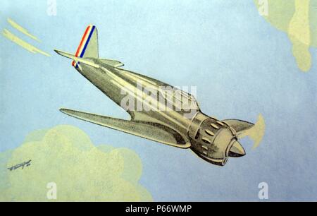 World War Two: French postcard depicting a French Bloch 151 aircraft. The Bloch MB.150 was a French low-wing, all-metal monoplane fighter aircraft with retractable landing gear and enclosed cockpit developed by SociÃ©tÃ© des Avions Marcel Bloch as a contender in the 1934 French air ministry competition for a new fighter design Stock Photo