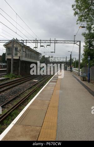 The ex London and North Western signal box next to the platform at Lichfield Trent Valley, Staffordshire. 2007 Stock Photo