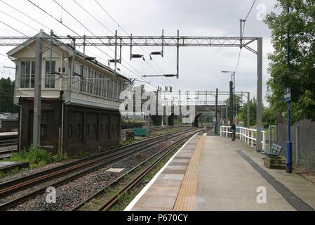 The ex London and North Western signal box next to the platform at Lichfield Trent Valley, Staffordshire. 2007 Stock Photo