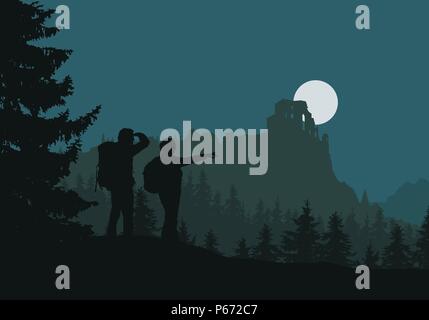 Two tourists go to castle ruins, green forest between mountains and hills, under night sky with moon - vector Stock Vector