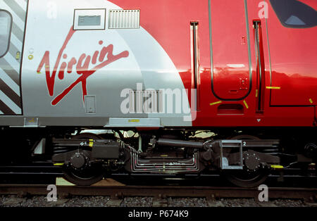 Logo and tilting bogie on Virgin Trains Class 221 Super Voyager. C2003 Stock Photo