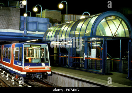 London's Docklands Light Railway at Bow Church during trial running.c 1993 Stock Photo