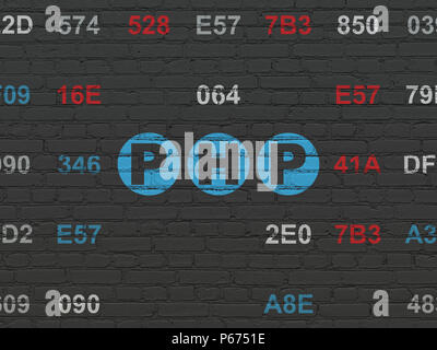 Programming concept: Painted blue text Php on Black Brick wall background with Hexadecimal Code Stock Photo