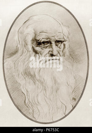 Leonardo di ser Piero da Vinci, 1452 – 1519, aka  Leonardo da Vinci or Leonardo.   Italian Renaissance polymath: artist, sculptor, architect, musician, scientist, mathematician, engineer, inventor, anatomist, geologist, cartographer, botanist and writer.  Illustration by Gordon Ross, American artist and illustrator (1873-1946), from Living Biographies of Great Painters. Stock Photo