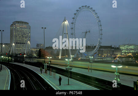 The London Eye as seen from Charing cross station. 2004. Stock Photo
