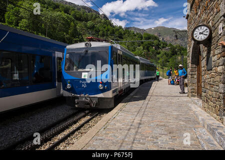 Queralbs train station on the Cremellera rack and pinion track through the Vall de Nuria valley, Catalonia, Spain Stock Photo