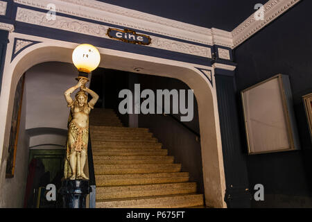 Art deco style lamp and entrance to the cinema in Ribes de Freser, Catalonia, Spain Stock Photo