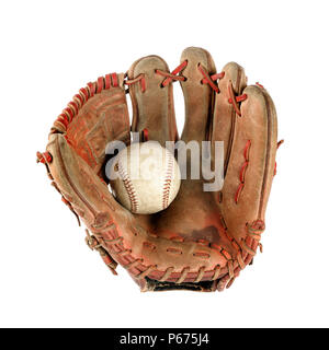 old vintage baseball glove with the baseball held in the palm isolated over white background Stock Photo