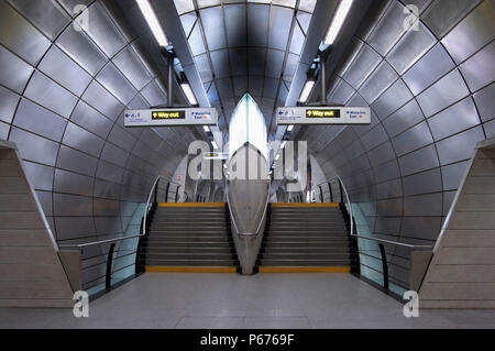 Internal platform level view of passenger stairway at Southwark tube station, London, UK Stock Photo