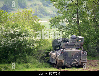 A M2A3 Bradley Fighting Vehicle uses brush for concealment as it provides security during a situational training exercise lane as a part of Combined Resolve VI at Hohenfels, Germany May 17. Combined Resolve VI is a squadron-level decisive action rotation at the Joint Multinational Readiness Center May 5-25 that is training 5th Squadron, 7th Cavalry Regiment on cavalry and reconnaissance tasks.  (Photo by Maj. Randy Ready) Stock Photo