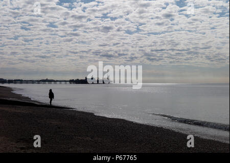 Lone woman standing on beach at sunrise, Brighton, UK Stock Photo