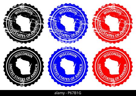Wisconsin - rubber stamp - vector, Wisconsin (United States of America) map pattern - sticker - black, blue and red Stock Vector