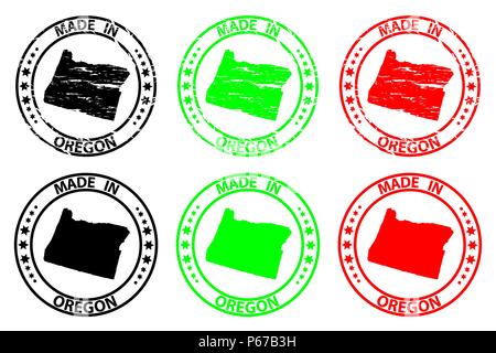 Made in Oregon - rubber stamp - vector, Oregon (United States of America) map pattern - black, green  and red Stock Vector