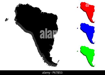 3D map of South America continent - black, red, blue and green - vector illustration Stock Vector