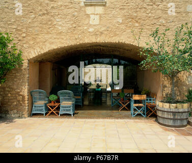 View of a lanai with a seating arrangement Stock Photo