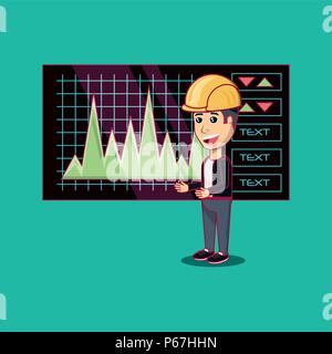 cartoon man with cryptocurrency stock market over turquoise background, colorful design. vector illustration Stock Vector