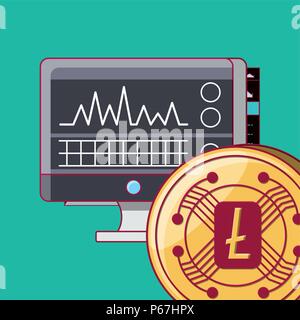computer with cryptocurrency stock market on screen and litecoin coin over turquoise background, colorful design. vector illustration Stock Vector