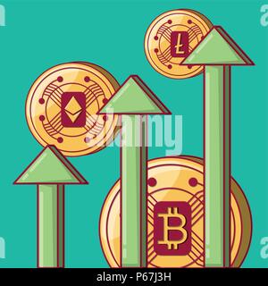 cryptocoins and green arrows over turquoise background, colorful design. vector illustration Stock Vector