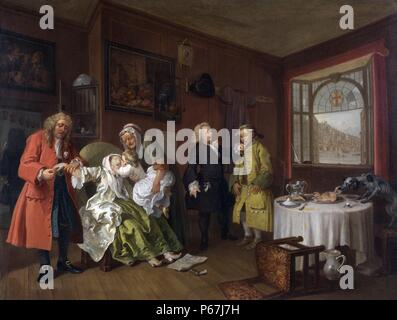 William Hogarth 1697-1764. 'Marriage A-la-Mode' Number 6; The Lady's Death. Marriage à-la-mode is a series of six pictures painted by William Hogarth between 1743 and 1745 satirizing a upper class 18th century English society. Stock Photo