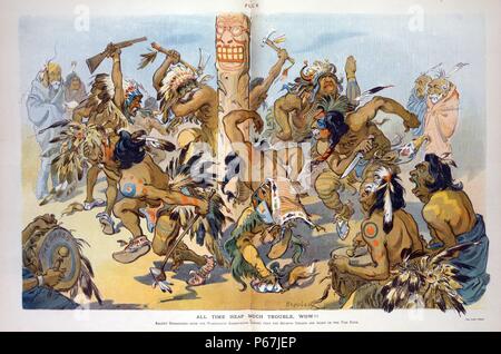 All time heap much trouble, wow!!' Group of senators dressed as Native Americans in a war dance around a totem pole with the face of President Theodore Roosevelt carved at the top. Stock Photo