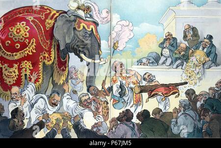 The sacred elephant' A procession led by vice-presidential candidate Charles W. Fairbanks followed by President Theodore Roosevelt and the Republican elephant wearing banners stating 'World Power and Empire', 'Rooseveltism', 'High Protection', 'Prosperity', 'Open Door Treasury', 'Good Crops', 'Increased Population', and 'Fine Weather', collecting money from the crowd is George B. Cortelyou, also shown are Leslie M. Shaw, J.P. Morgan, and John D. Rockefeller. Stock Photo