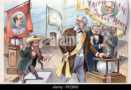 The vote of the gold democrats; -- their country's welfare before their party's welfare' Members of the Democratic Party labelled 'Sound Money Democrats' casting votes for President McKinley and showing their support for the 'Sound Money' platform of the Republican Party; on the left is a little man representing a faction of the Populist Party, flying a banner with a portrait of William Jennings Bryan, and in the background is the deserted Democratic Party Platform, flying a banner labelled 'Democrat No Numination.' Stock Photo