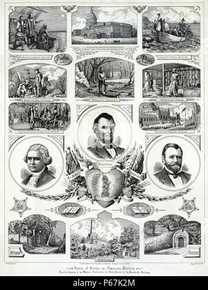 Chain of events in American history - from the discovery of the western continent to the ninth decade of the nineteenth century' Scenes of American history from the landing of Columbus to the 1876 Centennial with portraits of presidents Washington, Lincoln, and Grant, along with their tombs.