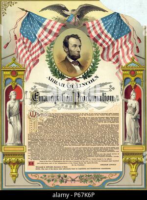 Abraham Lincoln and his Emancipation Proclamation.' Text of Emancipation Proclamation; with two U.S. flags and eagle over head-and-shoulders portrait of Abraham Lincoln and flanked by allegorical figures of Justice and Liberty. Stock Photo