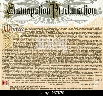 text of Emancipation Proclamation; with two U.S. flags and eagle over head-and-shoulders portrait of Abraham Lincoln and flanked by allegorical figures of Justice and Liberty. Stock Photo