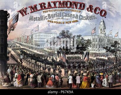 W.M. Raymond & Co. Proprietors & manufacturers of metallic burial cases & caskets' The funeral procession of President Abraham Lincoln after leaving New York City Hall, with spectators lining the street. The area above the procession is taken up by an advertisement for W.M. Raymond & Co., manufacturers of metallic burial cases and caskets. Stock Photo